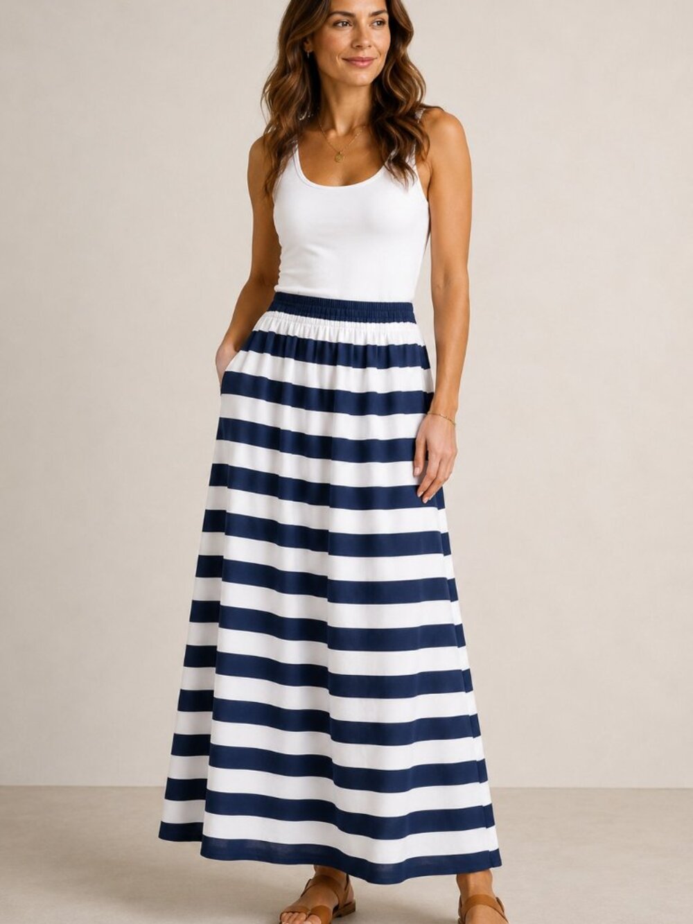 Banana Republic Patio Maxi Skirt Size 10 Blue White Stripe Linen Cotton Coastal